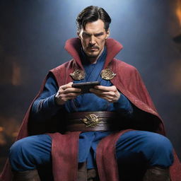 An image of Doctor Strange in full costume, sitting with poise, holding a smartphone and deeply involved in playing the game Pubg Mobile