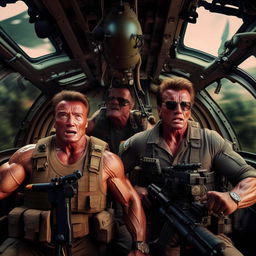 Modify the scene to include Sylvester Stallone next to Arnold Schwarzenegger, both heavily armed, inside the flying military helicopter, creating an intense action scene.