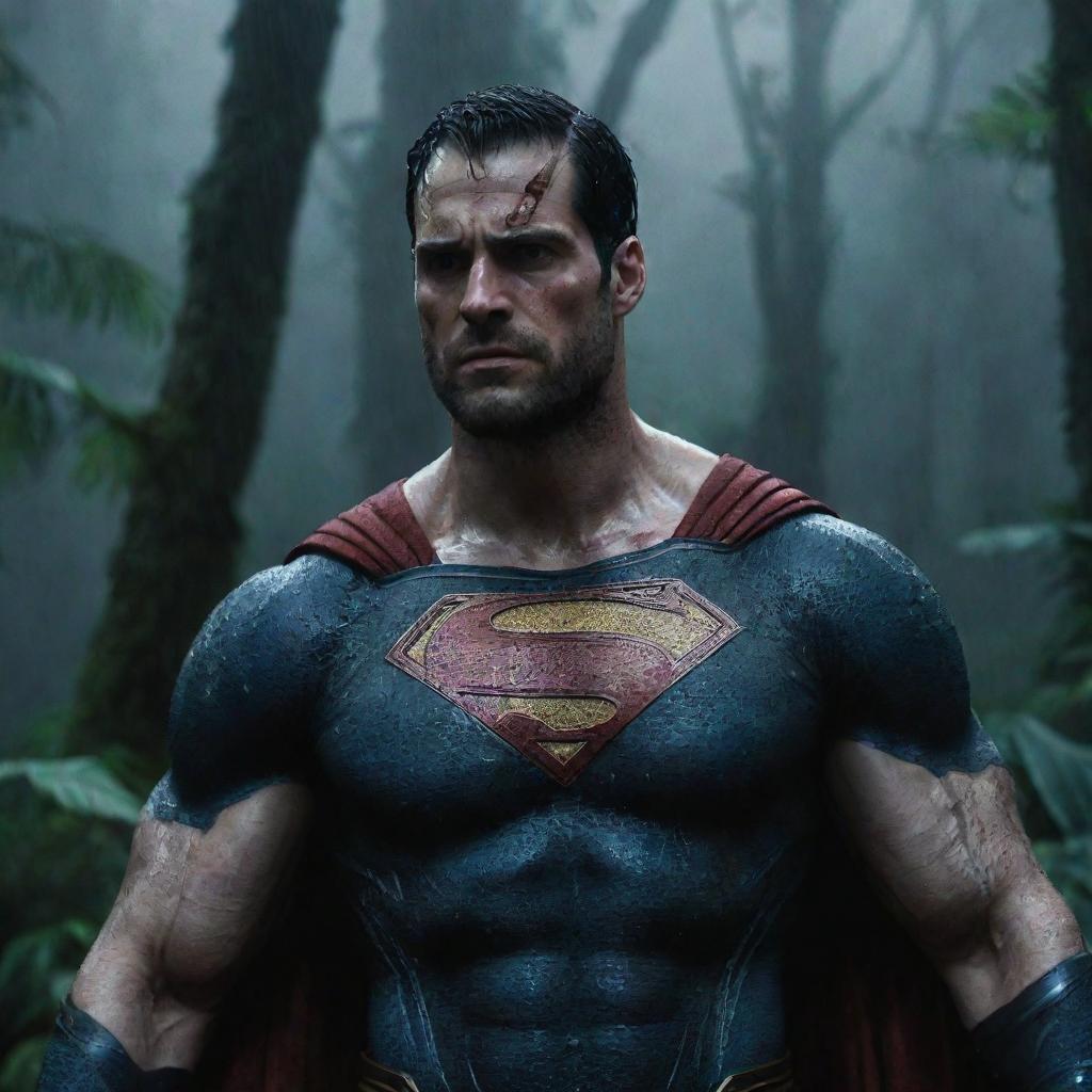 Superman, with a solemn yet victorious expression, holding the defeated head of Kratos, backdrop being a dark, rain-filled, horror-tinged tropical forest as day shifts into night.