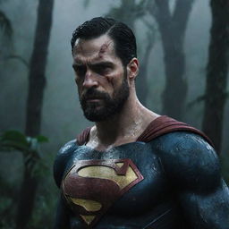 Superman, with a solemn yet victorious expression, holding the defeated head of Kratos, backdrop being a dark, rain-filled, horror-tinged tropical forest as day shifts into night.