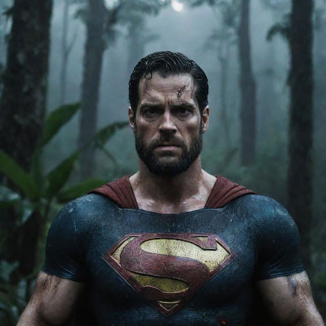 Superman, with a solemn yet victorious expression, holding the defeated head of Kratos, backdrop being a dark, rain-filled, horror-tinged tropical forest as day shifts into night.