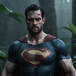 Superman, with a solemn yet victorious expression, holding the defeated head of Kratos, backdrop being a dark, rain-filled, horror-tinged tropical forest as day shifts into night.