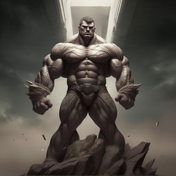 A towering, muscular figure exuding overwhelming confidence and power, the embodiment of the 'GigaChad Ubermensch'. His stance is assertive, his gaze commanding, facing a harsh wind, symbolizing his unyielding resolve against all challenges.