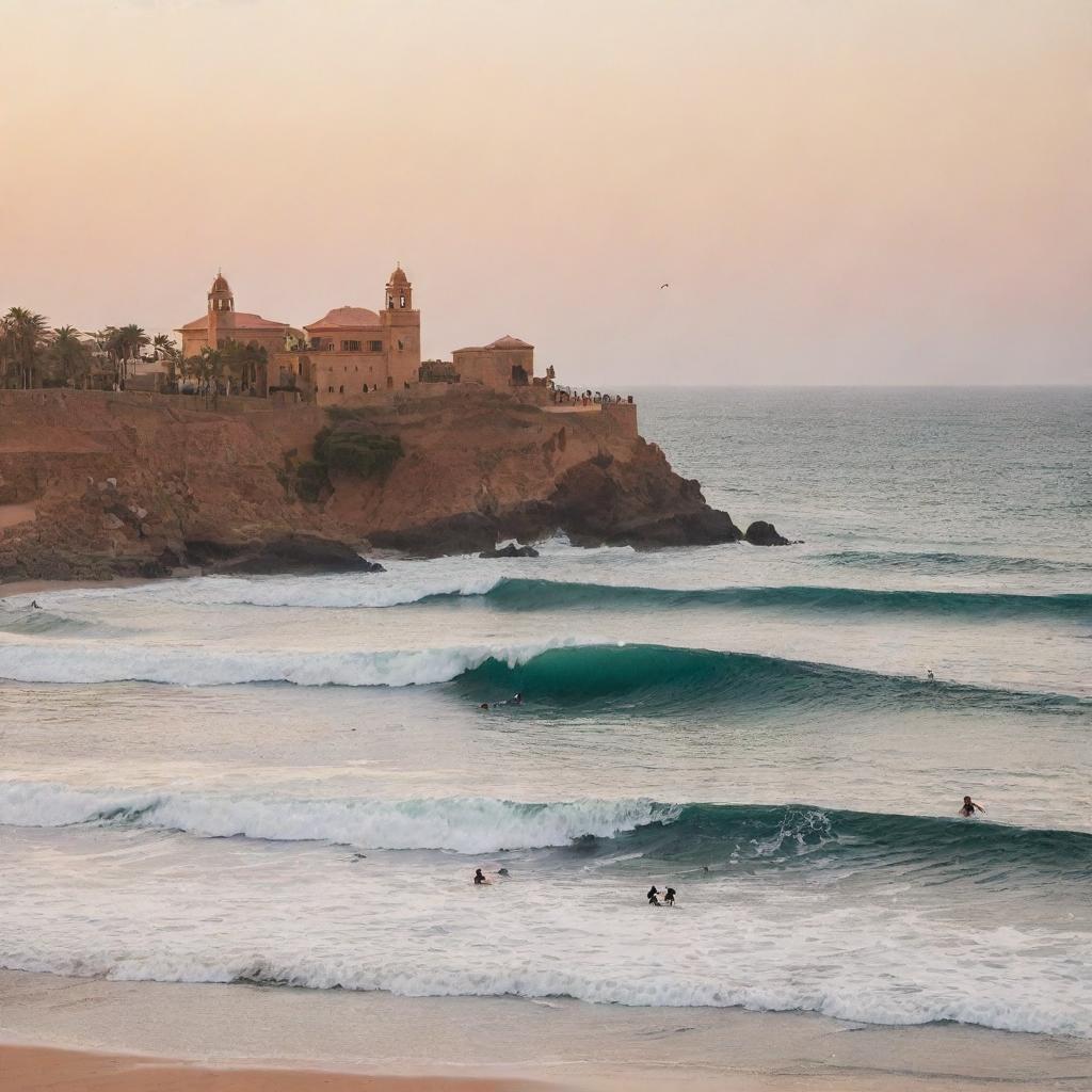 Idyllic Moroccan coastline with surfers catching waves at sunset. Blend elements of traditional Moroccan architecture, and the distinct natural beauty of its coastal landscapes.