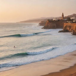 Idyllic Moroccan coastline with surfers catching waves at sunset. Blend elements of traditional Moroccan architecture, and the distinct natural beauty of its coastal landscapes.