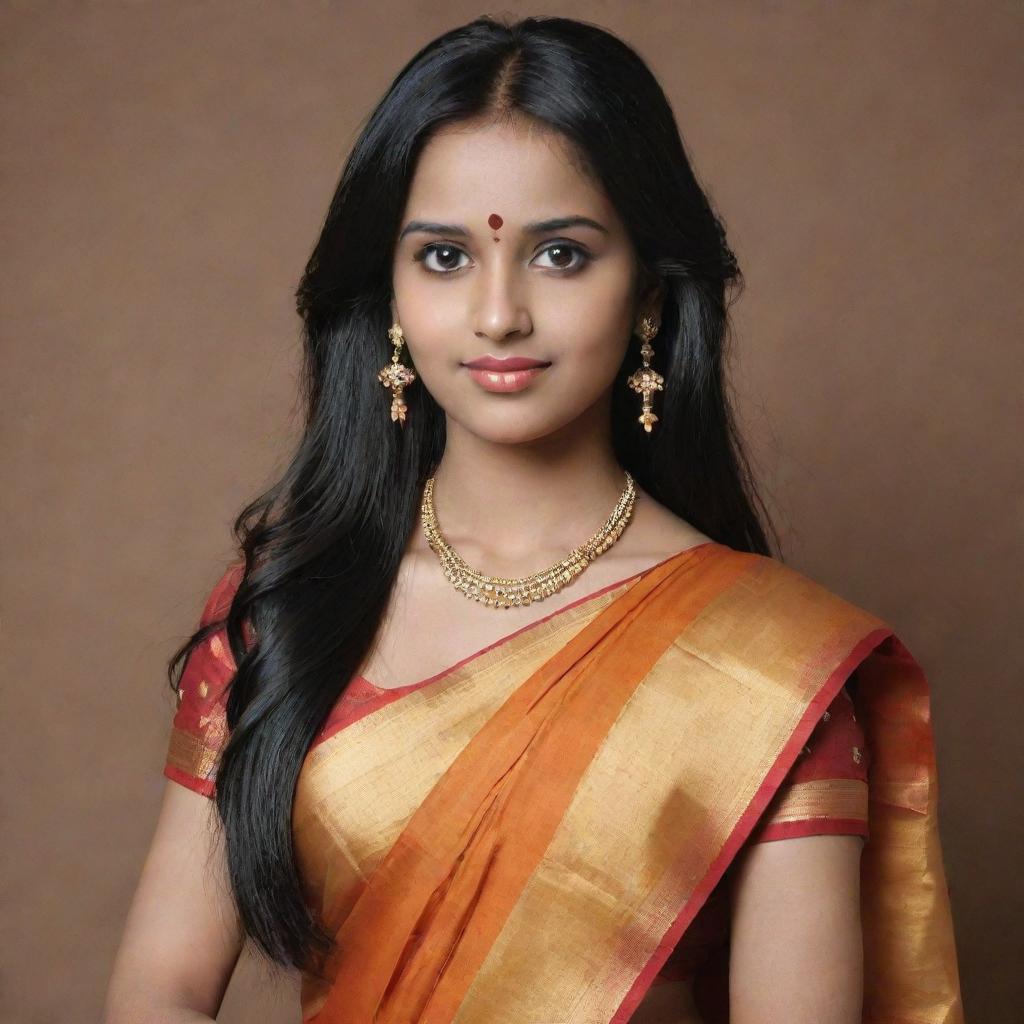 A girl with long black hair, a large forehead, and front bangs, dressed in a traditional South Indian half saree.