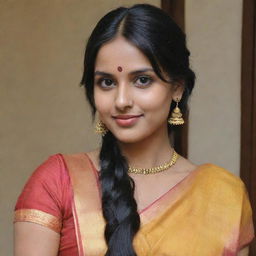 A girl with long black hair, a large forehead, and front bangs, dressed in a traditional South Indian half saree.