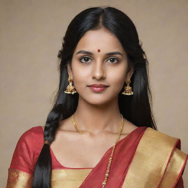 A girl with long black hair, a large forehead, and front bangs, dressed in a traditional South Indian half saree.