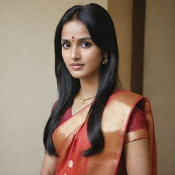 A girl with long black hair, a large forehead, and front bangs, dressed in a traditional South Indian half saree.