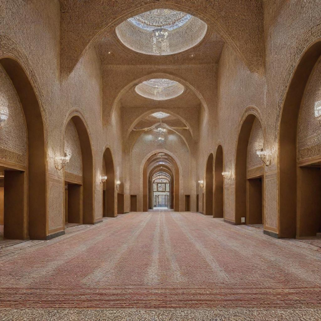 An expansive view of an academy lobby expertly crafted in Islamic style, showcasing richly adorned archways, intricate geometric mosaics, and luxurious Middle Eastern rugs