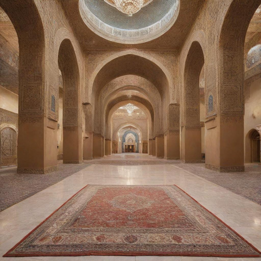 An expansive view of an academy lobby expertly crafted in Islamic style, showcasing richly adorned archways, intricate geometric mosaics, and luxurious Middle Eastern rugs