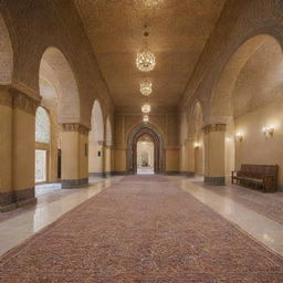 An expansive view of an academy lobby expertly crafted in Islamic style, showcasing richly adorned archways, intricate geometric mosaics, and luxurious Middle Eastern rugs