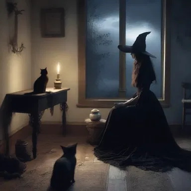 As the moonlight bathed the room, the witch and her familiar spirit shared a tender moment, deepening their bond.