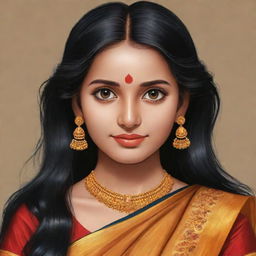 Convert the image of the girl with long black hair, a large forehead, front bangs, dressed in a traditional South Indian half saree, into a cartoon-style.