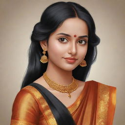 Convert the image of the girl with long black hair, a large forehead, front bangs, dressed in a traditional South Indian half saree, into a cartoon-style.