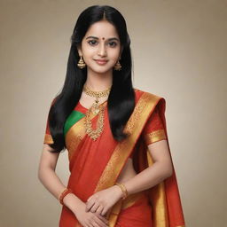 Convert the image of the girl with long black hair, a large forehead, front bangs, dressed in a traditional South Indian half saree, into a cartoon-style.