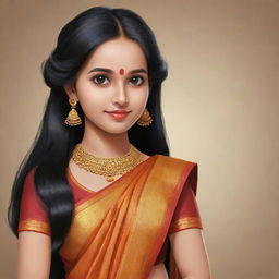 Convert the image of the girl with long black hair, a large forehead, front bangs, dressed in a traditional South Indian half saree, into a cartoon-style.