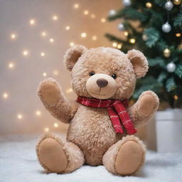 A soft, plush teddy bear sitting under the snowy Christmas tree with front leg raised in a high five gesture. Elements of Christmas like lights, gifts and tinsel subtly decorating the surroundings.