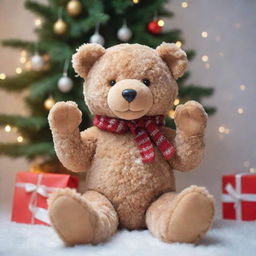 A soft, plush teddy bear sitting under the snowy Christmas tree with front leg raised in a high five gesture. Elements of Christmas like lights, gifts and tinsel subtly decorating the surroundings.