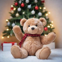 A soft, plush teddy bear sitting under the snowy Christmas tree with front leg raised in a high five gesture. Elements of Christmas like lights, gifts and tinsel subtly decorating the surroundings.