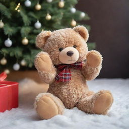 A soft, plush teddy bear sitting under the snowy Christmas tree with front leg raised in a high five gesture. Elements of Christmas like lights, gifts and tinsel subtly decorating the surroundings.