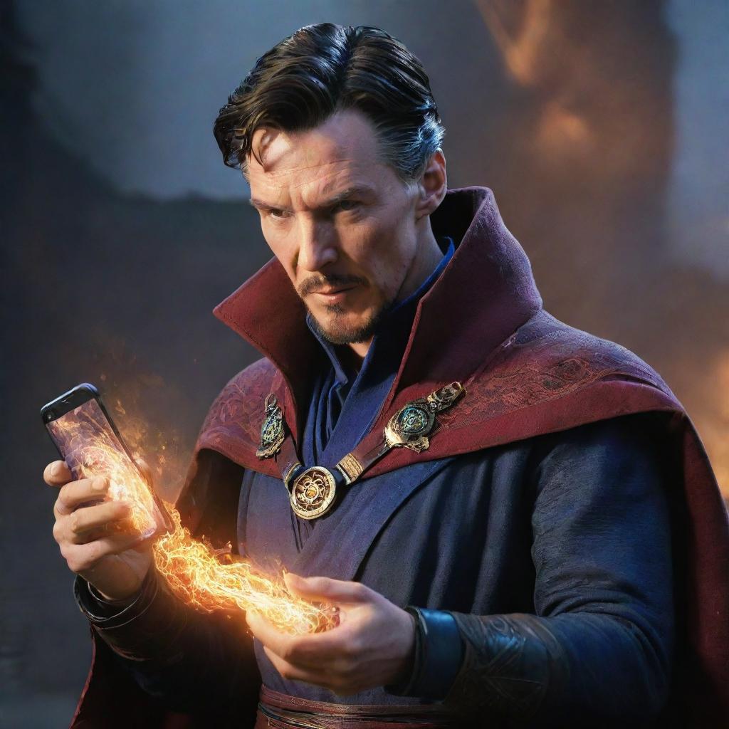 Doctor Strange, immersed in playing PUBG Mobile on a high-tech device with magical spell effects swirling around