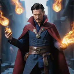 Doctor Strange, immersed in playing PUBG Mobile on a high-tech device with magical spell effects swirling around