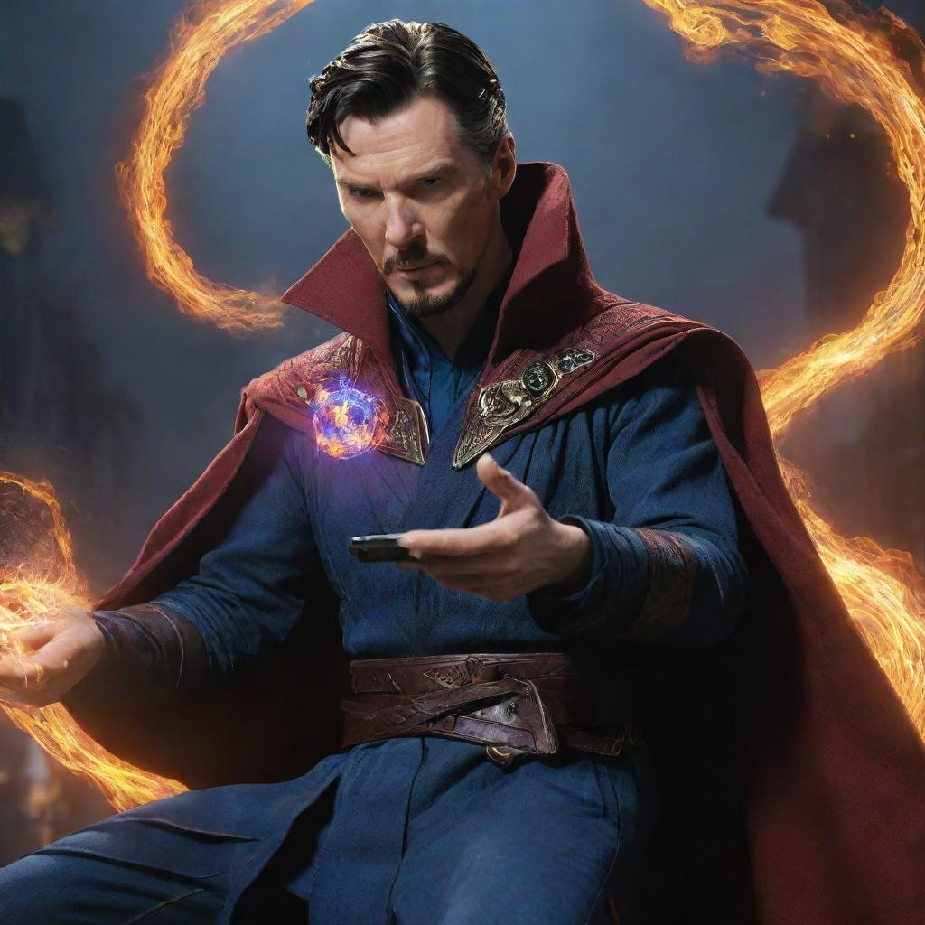 Doctor Strange, immersed in playing PUBG Mobile on a high-tech device with magical spell effects swirling around