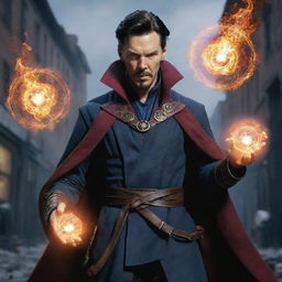 Doctor Strange, immersed in playing PUBG Mobile on a high-tech device with magical spell effects swirling around