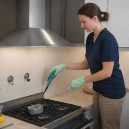 A diligent person thoroughly cleaning a kitchen chimney using a scrub brush and cleaner. The kitchen is neat, and the person is efficiently removing soot and grime.