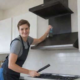 A diligent person thoroughly cleaning a kitchen chimney using a scrub brush and cleaner. The kitchen is neat, and the person is efficiently removing soot and grime.