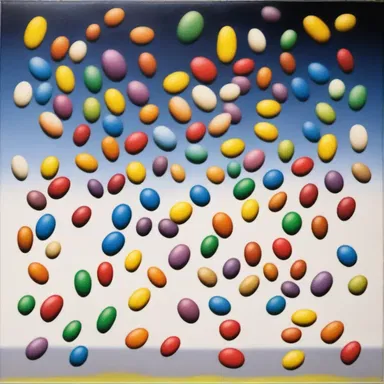 The painting depicted a mesmerizing scene of colorful jumping beans in mid-air.