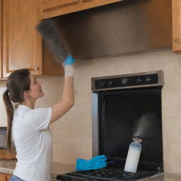 A diligent person thoroughly cleaning a kitchen chimney using a scrub brush and cleaner. The kitchen is neat, and the person is efficiently removing soot and grime.