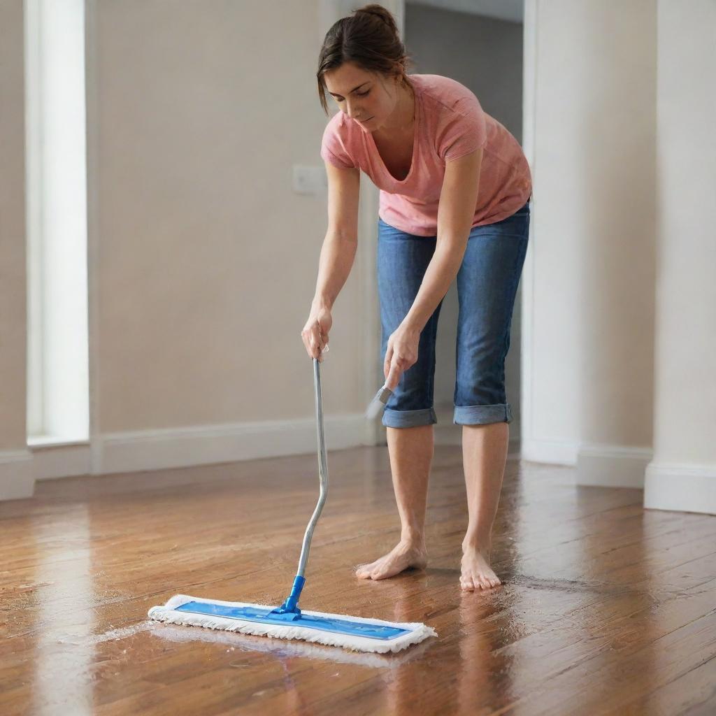 A woman meticulously washing a hardwood floor with soap and water, using a long-handled mop. Her determination and careful attention to detail is evident.