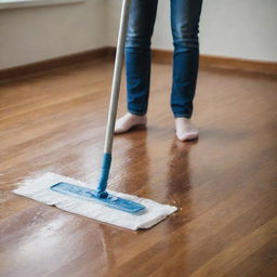 A woman meticulously washing a hardwood floor with soap and water, using a long-handled mop. Her determination and careful attention to detail is evident.