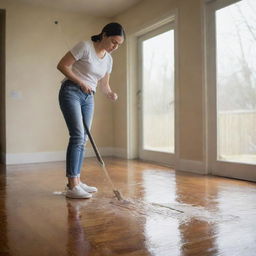 A woman meticulously washing a hardwood floor with soap and water, using a long-handled mop. Her determination and careful attention to detail is evident.