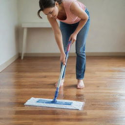 A woman meticulously washing a hardwood floor with soap and water, using a long-handled mop. Her determination and careful attention to detail is evident.