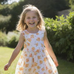 A young girl with a big smile, wearing a summer dress, playing in a sunlit garden.