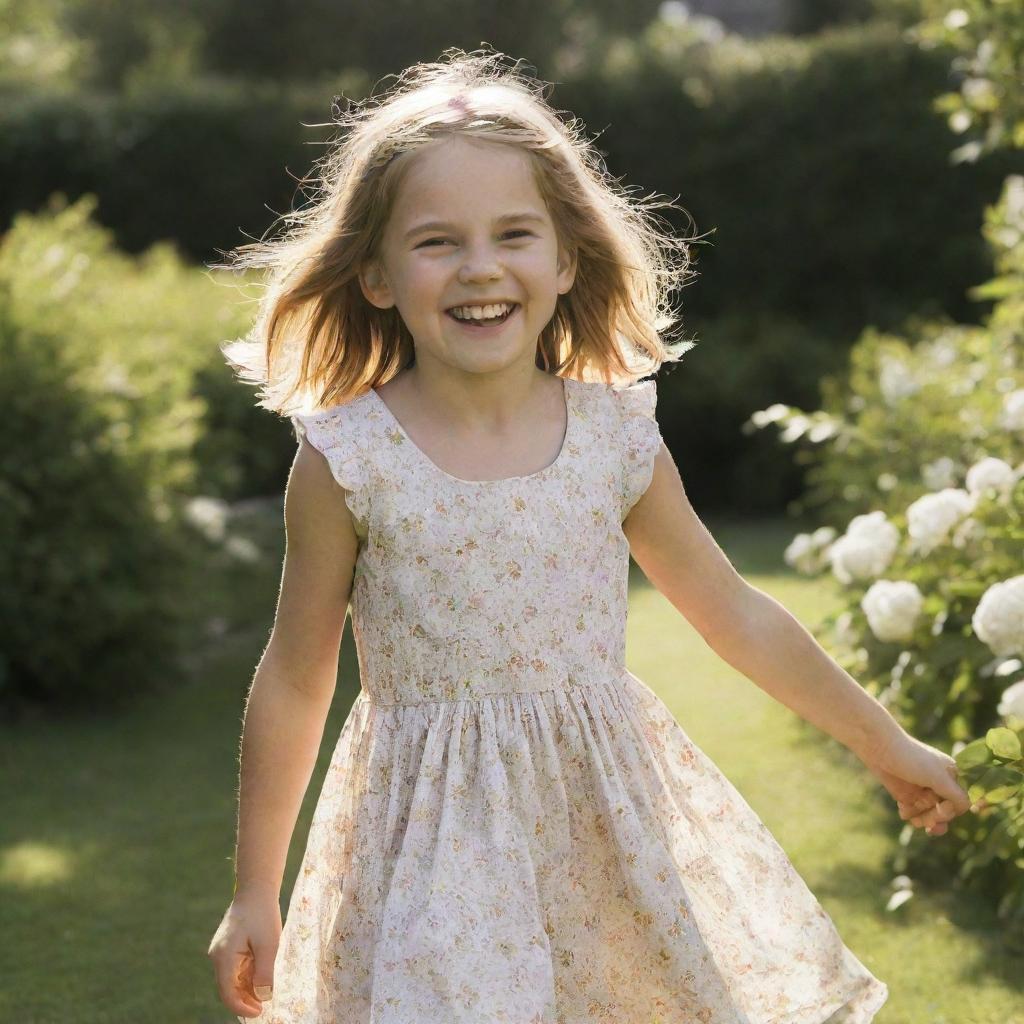 A young girl with a big smile, wearing a summer dress, playing in a sunlit garden.