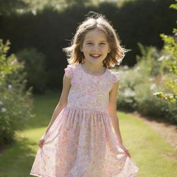 A young girl with a big smile, wearing a summer dress, playing in a sunlit garden.