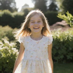 A young girl with a big smile, wearing a summer dress, playing in a sunlit garden.