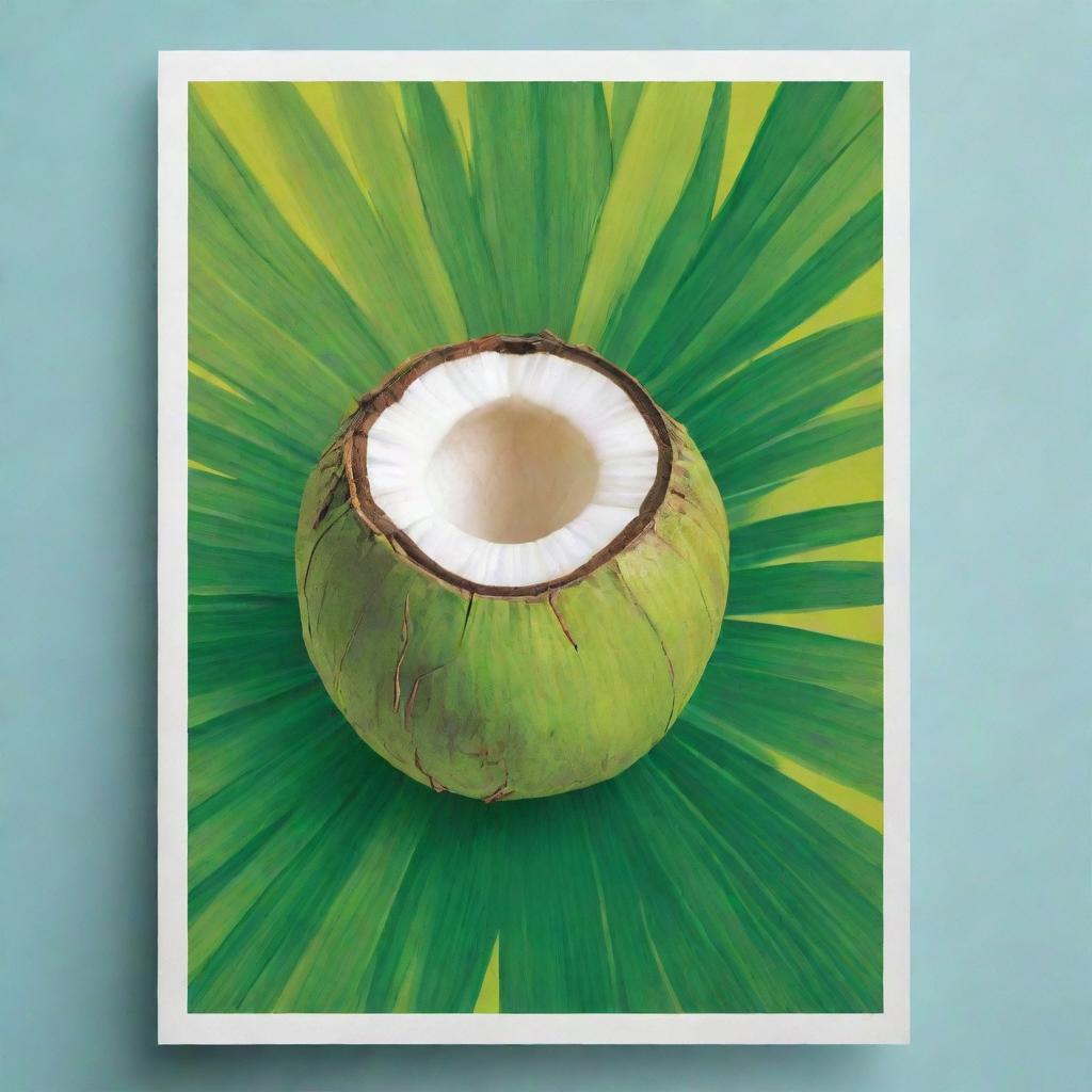 A vibrant poster design featuring a vibrant green young coconut, set against a tropical background