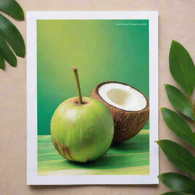 A vibrant poster design featuring a vibrant green young coconut, set against a tropical background