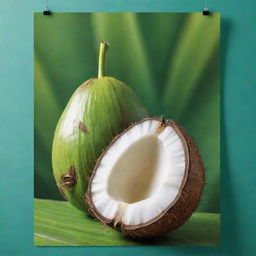 A vibrant poster design featuring a vibrant green young coconut, set against a tropical background