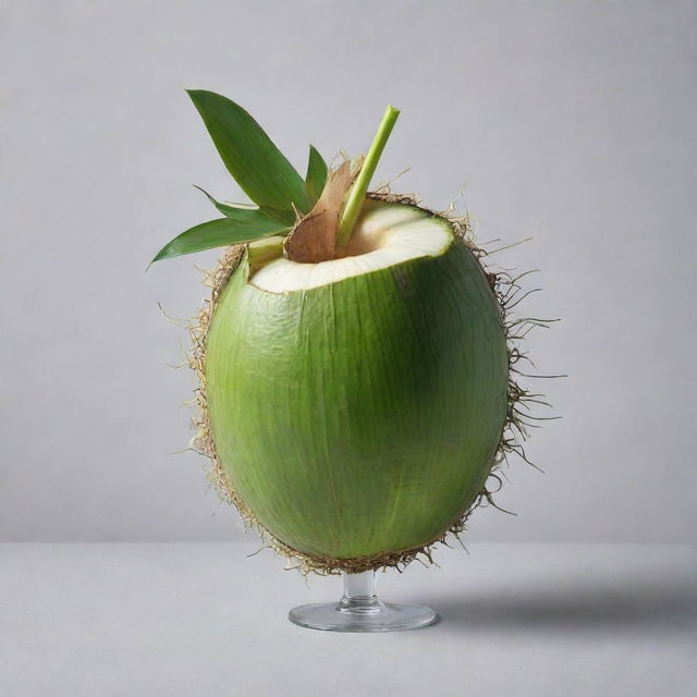 An intriguing design of a young green coconut with surreal elements, radiating a sense of madness and chaos.