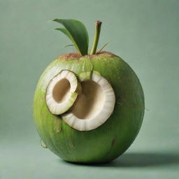 An intriguing design of a young green coconut with surreal elements, radiating a sense of madness and chaos.