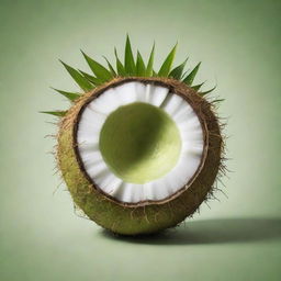 An intriguing design of a young green coconut with surreal elements, radiating a sense of madness and chaos.