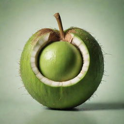 An intriguing design of a young green coconut with surreal elements, radiating a sense of madness and chaos.