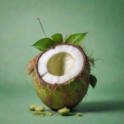 A surreal and chaotic image depicting a young green coconut infused with abstract elements of madness.