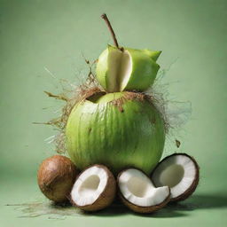 A surreal and chaotic image depicting a young green coconut infused with abstract elements of madness.